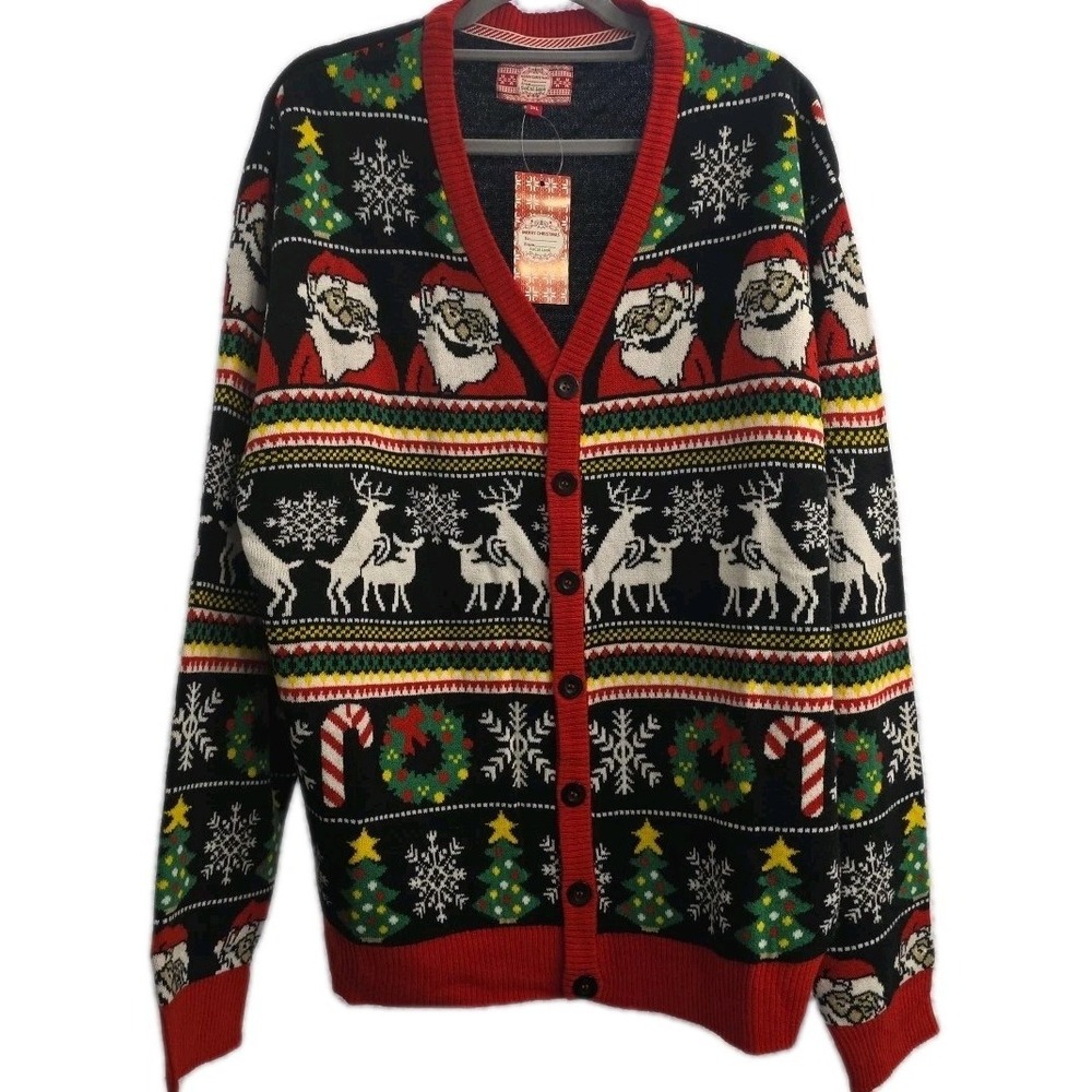 NEW Men's 3X Ugly Christmas Sweater Cardigan Santa Reindeer